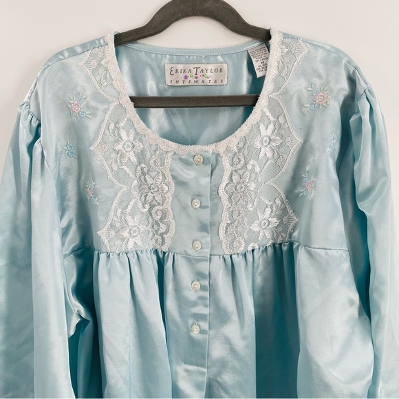 Erika Taylor Satin Look Cotton Lined 3/4 Sleeve Button Up Embroidered Nightgown - Picture 2 of 13